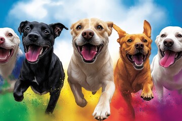 Watercolor scene of a group of dogs playing in a park, where the vibrant colors blend gently to show the joy and excitement of outdoor fun
