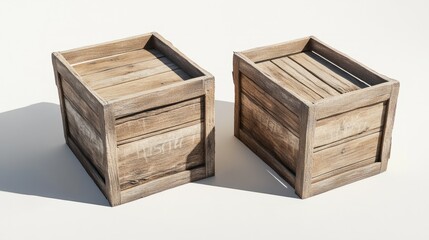 Three empty, wooden crate boxes are arranged on a white background, with two boxes stacked on top of each other, and the third box placed to the right, slightly offset