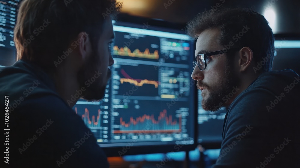 Poster two men are looking at a computer screen with a lot of numbers and lines
