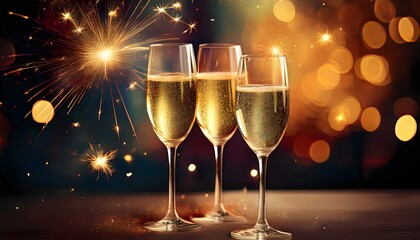 Champagne glasses with sparklers in background