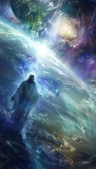 Ethereal jesus as redeemer in cosmic setting overseeing a stunningly detailed earth below