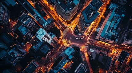 Stunning Aerial View of a Vibrant City Intersection at Night with Illuminated Buildings and Dynamic Street Activity