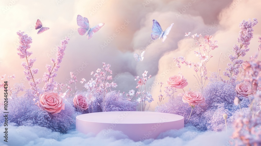 Sticker A dreamy pastel scene with butterflies, flowers, and a circular platform surrounded by clouds.