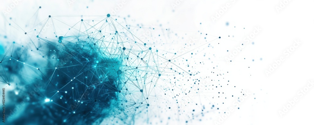 Poster abstract blue and teal geometric network design on white background with digital nodes and lines