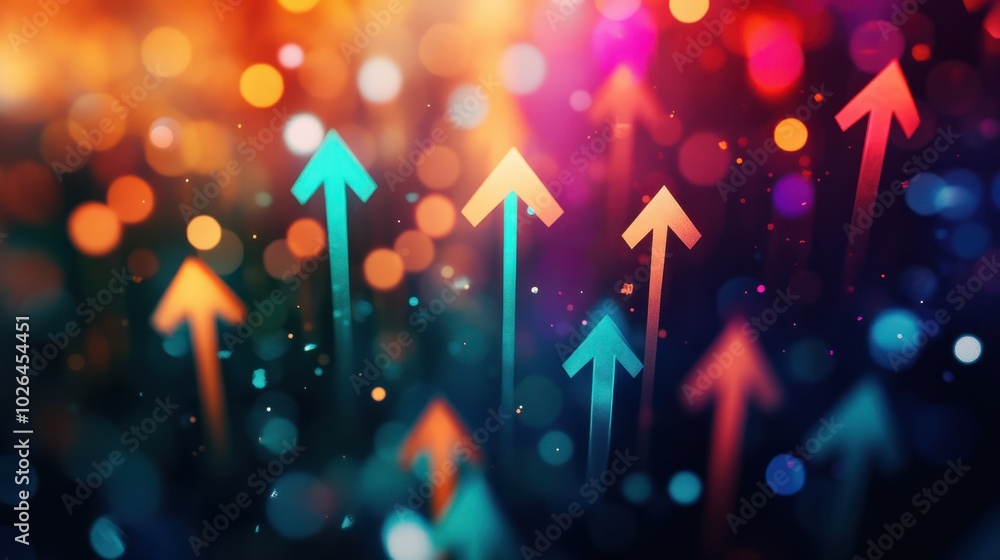 Poster vibrant arrows shoot upwards through a colorful, illuminated bokeh backdrop, symbolizing progress an