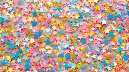 A colorful assortment of star-shaped confetti in various pastel hues.