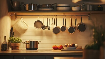 Warm kitchen with pots and fresh produce on the counter