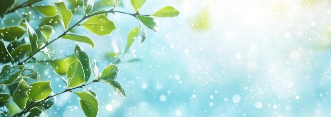 Obraz premium A serene image of green leaves with a soft, dreamy background and sparkling light.