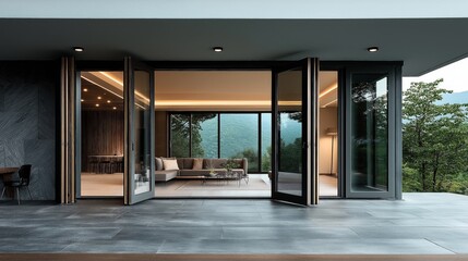 Obraz premium Modern living room with large open sliding glass doors leading to a patio with mountain view, featuring sleek furniture and minimalistic design.