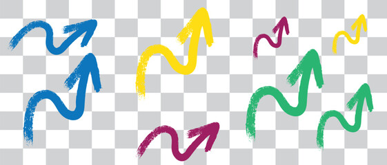 Set of black hand drawn grunge doodle spiral and curved charcoal, chalk arrows on white background. Scribble symbols of direction pointers, swirl arrow elements for infographic design