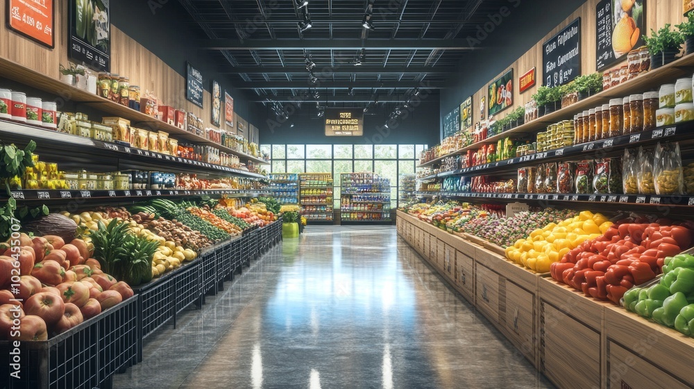 Poster a large grocery store with a lot of produce on display