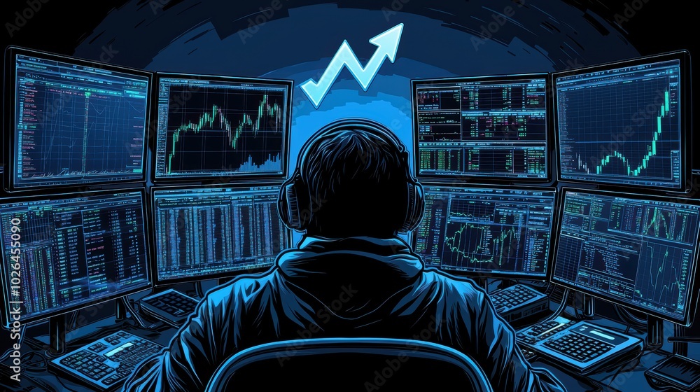 Poster trader monitoring stock market trends with multiple screens.