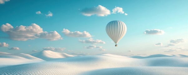 White hot air balloon gracefully soaring over serene white sand dunes under a clear blue sky