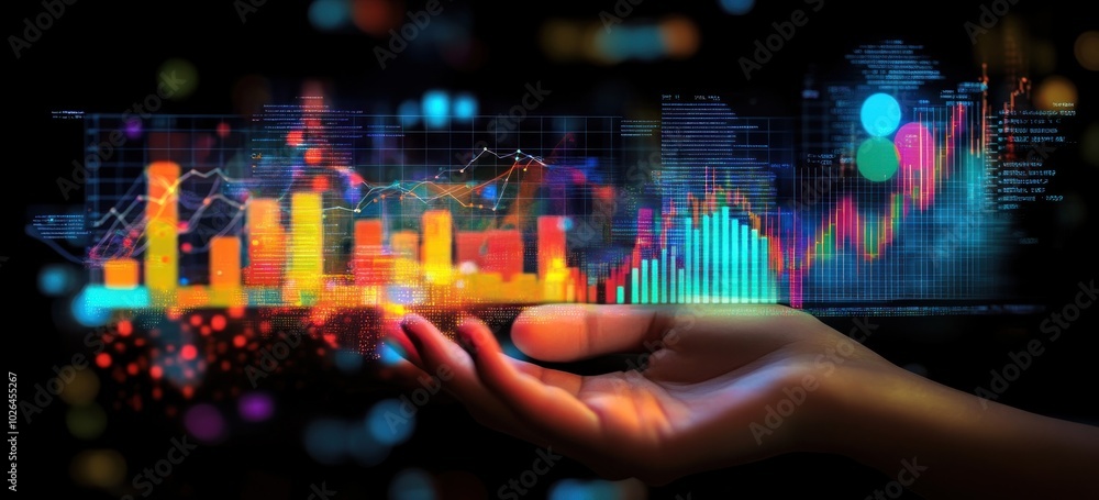 Poster a hand holds vibrant data visualizations representing analytics and technology.