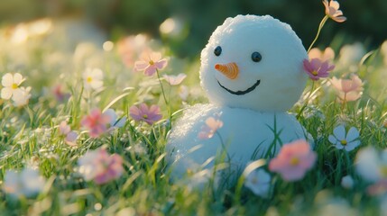 A melting snowman in a grassy meadow with spring flowers blooming around it, symbolizing the transition from winter to spring.
