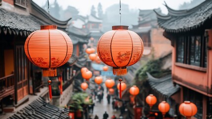 Red lanterns hanging above a bustling street in a traditional Chinese town.