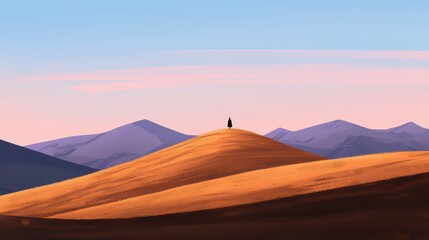 Vast rolling hills with a single tree silhouetted against a colorful sky at dusk.