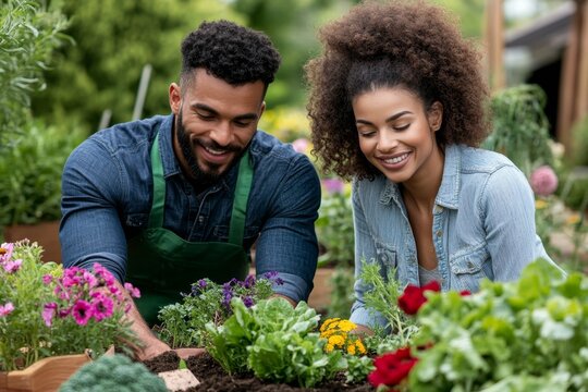 Young couple gardening in their backyard, planting a variety of flowers and vegetables in neat rows, creating a colorful and productive space for the summer