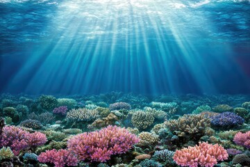 Naklejka premium Vibrant coral reef underwater with sunlight rays illuminating a colorful marine landscape.