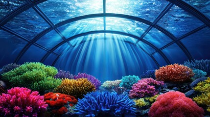 Vibrant coral reef underwater scene with colorful corals and sunlight filtering through the water surface.