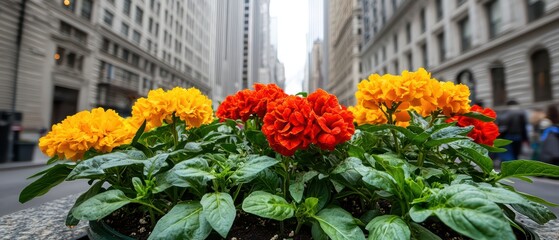 Vibrant flowers in a city setting, showcasing colorful blooms against urban architecture.