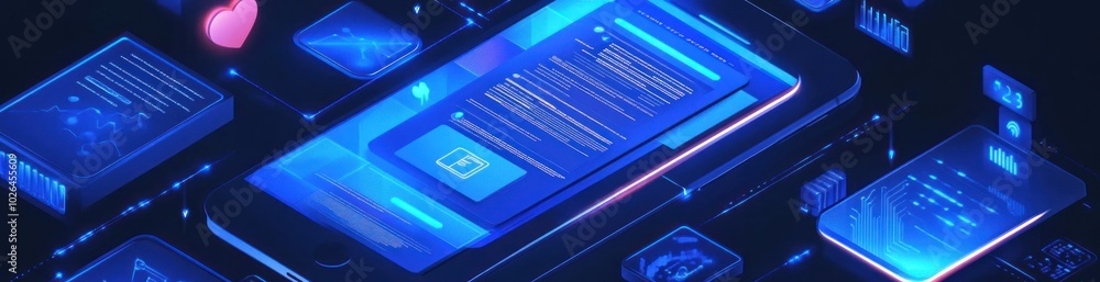 Poster a digital smartphone surrounded by glowing data and interface elements.