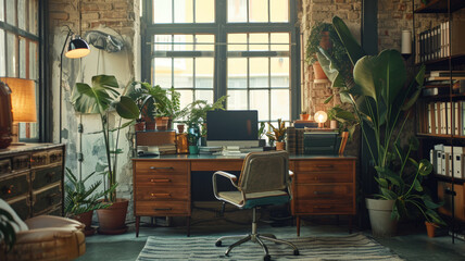 Vintage Home Office with Plants and Natural Light Enhancements