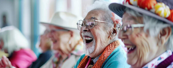 A joyful group of seniors laughing together, celebrating moments of happiness and connection in a vibrant setting.