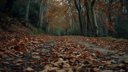Serene Autumn Forest Pathway Filled with Fallen Leaves