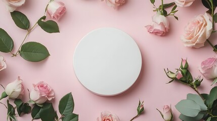 4. A flat lay of a white circular space surrounded by lush pink roses and subtle greenery, all placed on a smooth pink background, creating a romantic and inviting feel