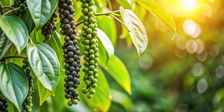 Panoramic view of ripe black pepper on the tree in a plantation