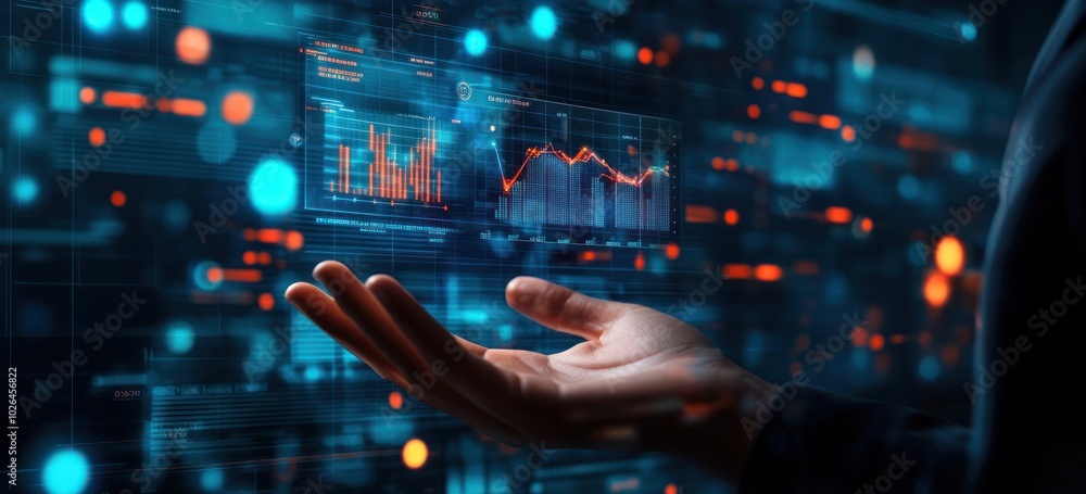 Aufkleber a hand reaching towards digital graphs and data visualizations, symbolizing technology and analysis.