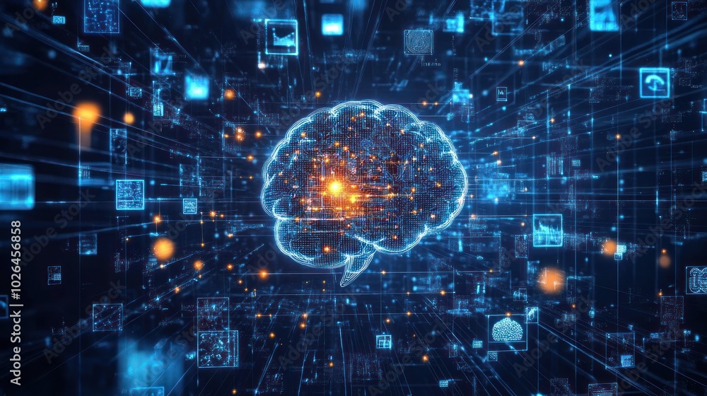 Poster a digital representation of a brain amidst a network of data and technology.