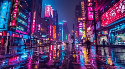 Obraz premium Futuristic cityscape at night with glowing neon skyscrapers and vibrant reflective wet streets