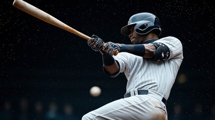 Baseball player in striped uniform swinging bat at night, wearing helmet and gloves, focused on ball.