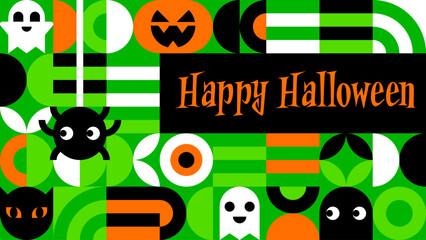Naklejka premium Happy Halloween Text with Green, Black, and Orange Cartoon Symbols