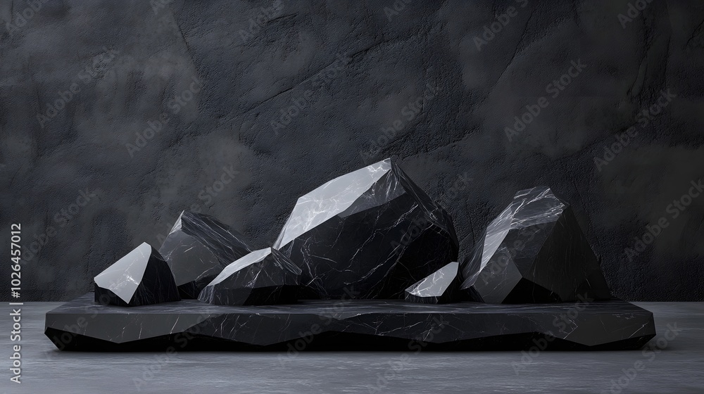 Aufkleber 1. a sleek black geometric stone background featuring angular rock shapes, creating a striking minim