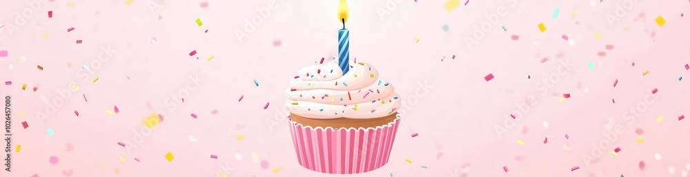 Canvas Prints A pink cupcake with frosting and a candle, surrounded by colorful confetti.