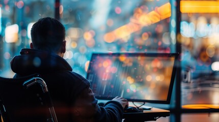 Person in wheelchair using laptop, surrounded by city lights and reflections. Night scene with vibrant colors. Technology empowering accessibility and inclusivity in urban environment