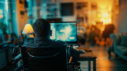 Disabled man in wheelchair working from home on computer, illuminated by warm lamp light in dimly lit room with modern tech setup