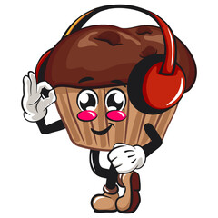 kawaii cartoon chocolate muffin with chocolate chip character mascot isolated vector illustration listening to headset while dancing, work of hand drawn