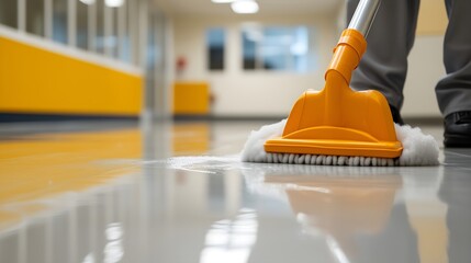 Horizontal banner. Cleaner using mops, cleaner with mop and uniform cleaning hall floor. Wet floor cleaning, floor washing in an office, home or public place.  Background for a cleaning company. 
