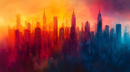 Fototapeta premium Colorful Abstract Cityscape at Dawn in Watercolor Style