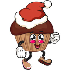 kawaii cartoon chocolate muffin with chocolate chip character mascot isolated vector illustration walking while wearing a santa hat, work of hand drawn