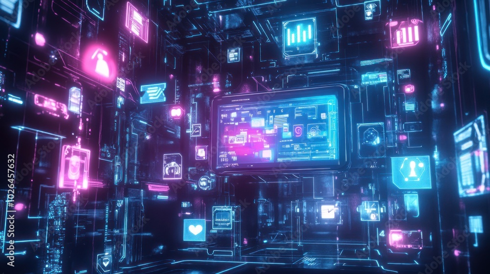 Poster a futuristic digital environment with glowing icons and data displays.