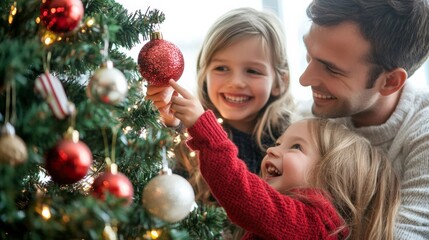 A family decorating the Christmas tree