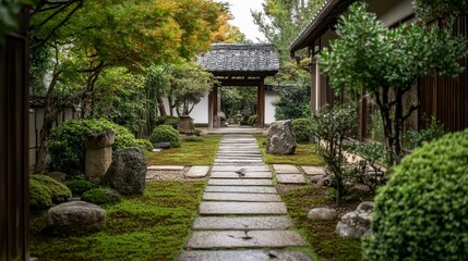 Serene Japanese Garden Pathway Surrounded by Lush Greenery and Traditional Architecture