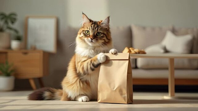 A curious cat inspecting a brown food paper bag in a cozy living room filled with snacks and plants during the afternoon light