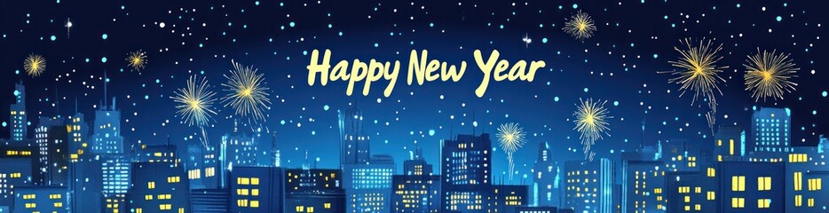 Festive city skyline with fireworks celebrating the New Year.