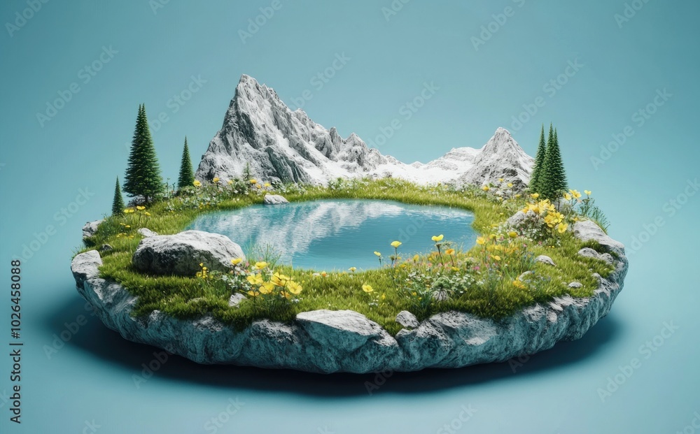 Wall mural A serene landscape featuring a pond surrounded by mountains and lush greenery.